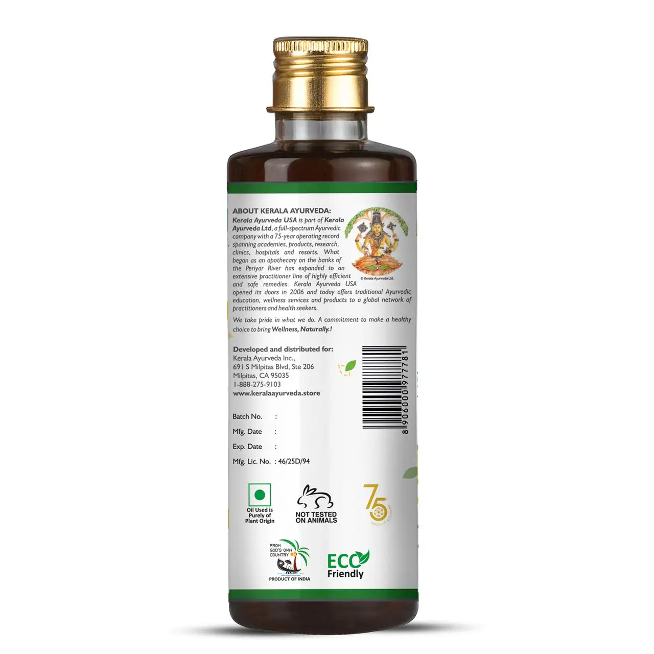 Brand label of a bottle of ayurvedic oil from Kerala Ayurveda Nalpamaradi Keram oil, with label indicating it is a herbal massage oil.