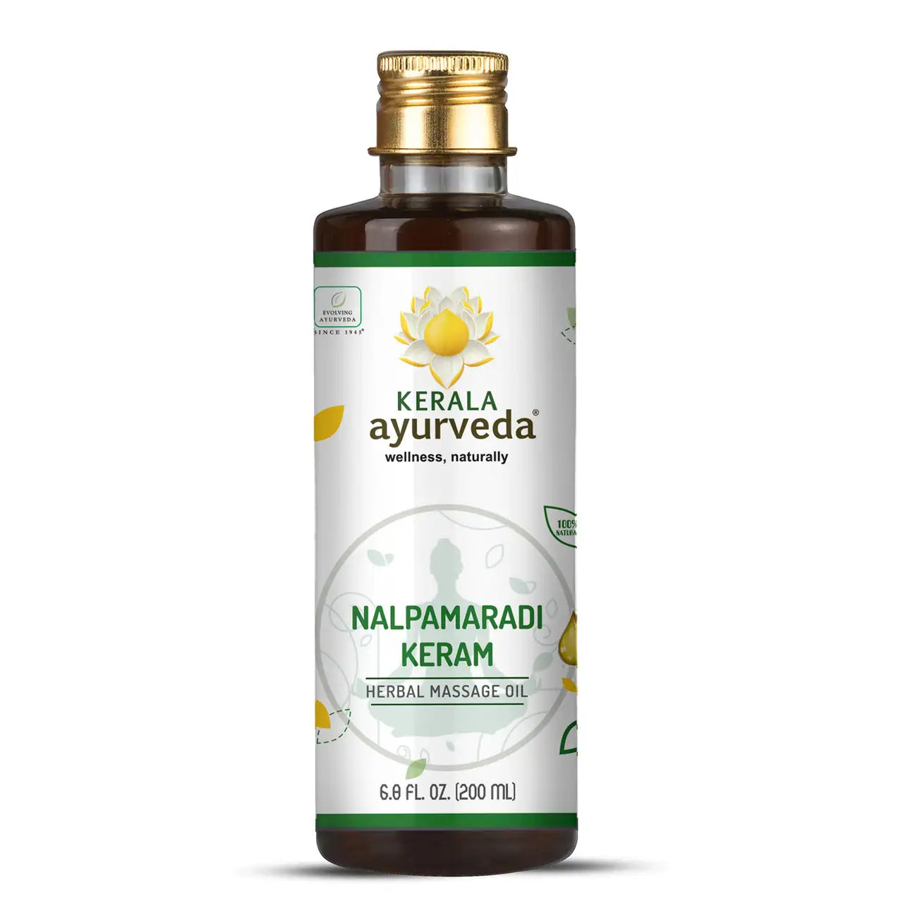 Bottle of ayurvedic oil from Kerala Ayurveda Nalpamaradi Keram oil, with label indicating it is a herbal massage oil.