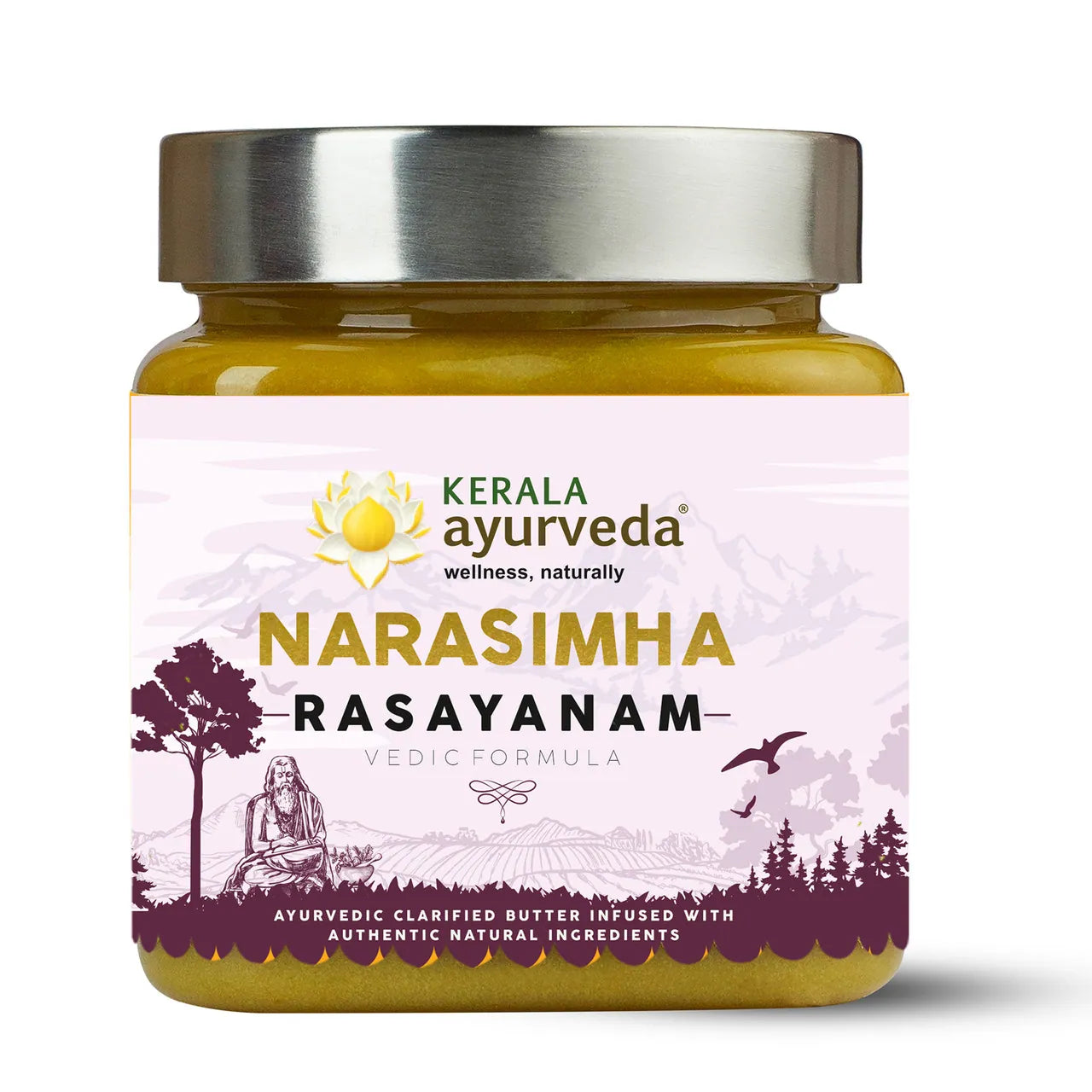A jar of Kerala Ayurveda Narasimha Rasayanam, with a label featuring a illustration of a person and trees, indicating it is a herbal supplements product.