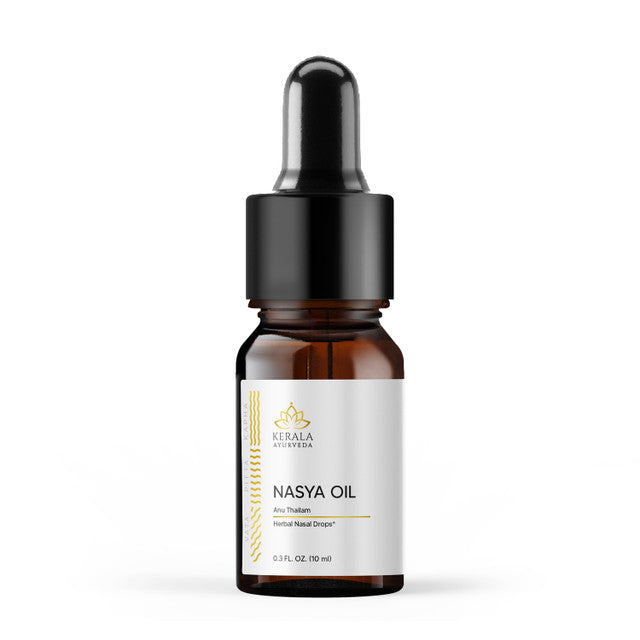 Front View of 'Nasya Oil & Oil Pulling ', a smaller bottle with 'SEASONAL RELIEF' and a capsule supplement, all with a white and brown design theme.