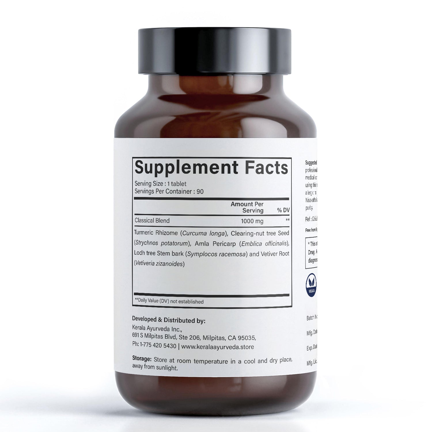 A supplement facts label view of a bottle of Nisakathakadi Kwath tablets by Kerala Ayurveda
