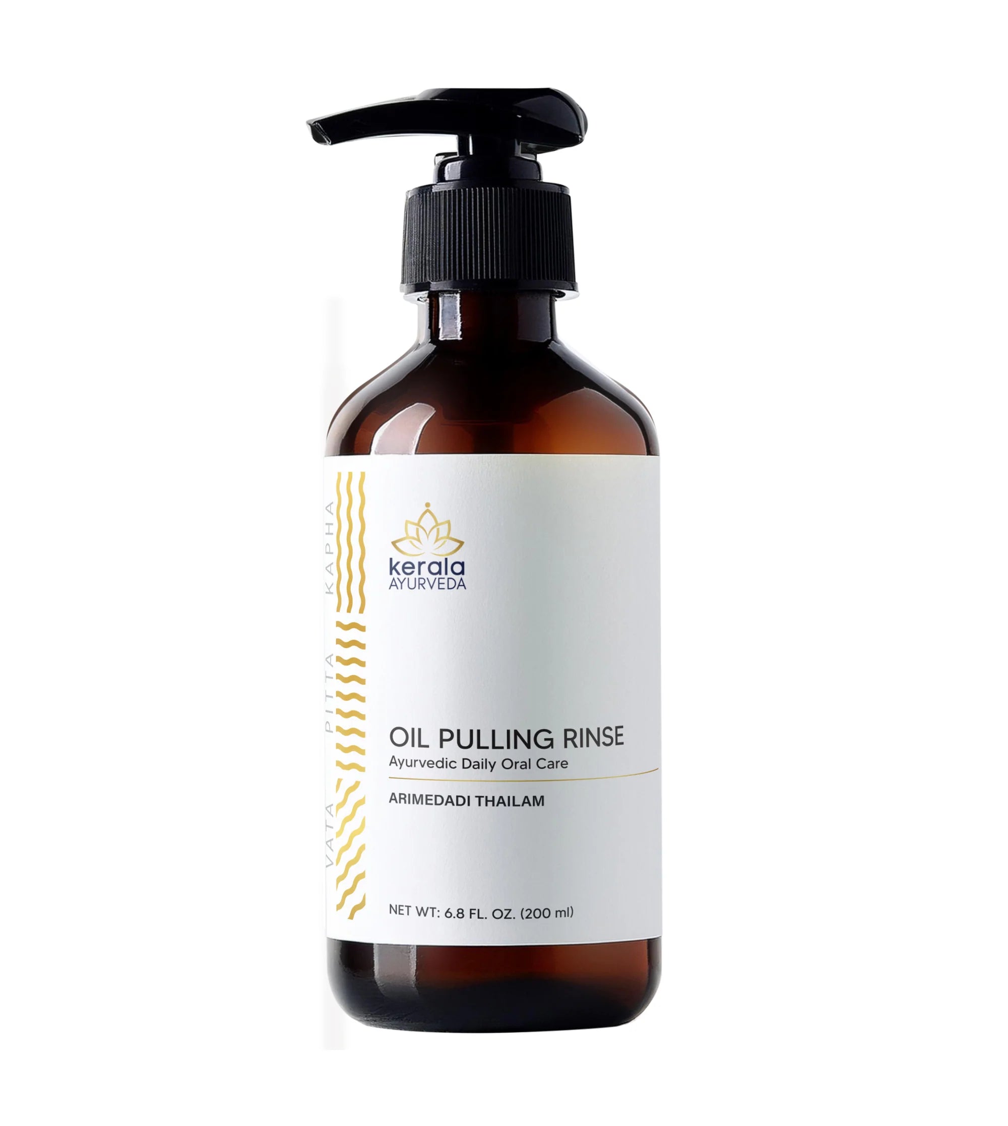 Oil Pulling Rinse Brown bottle  which helps in self care routine with pump and label on white background.