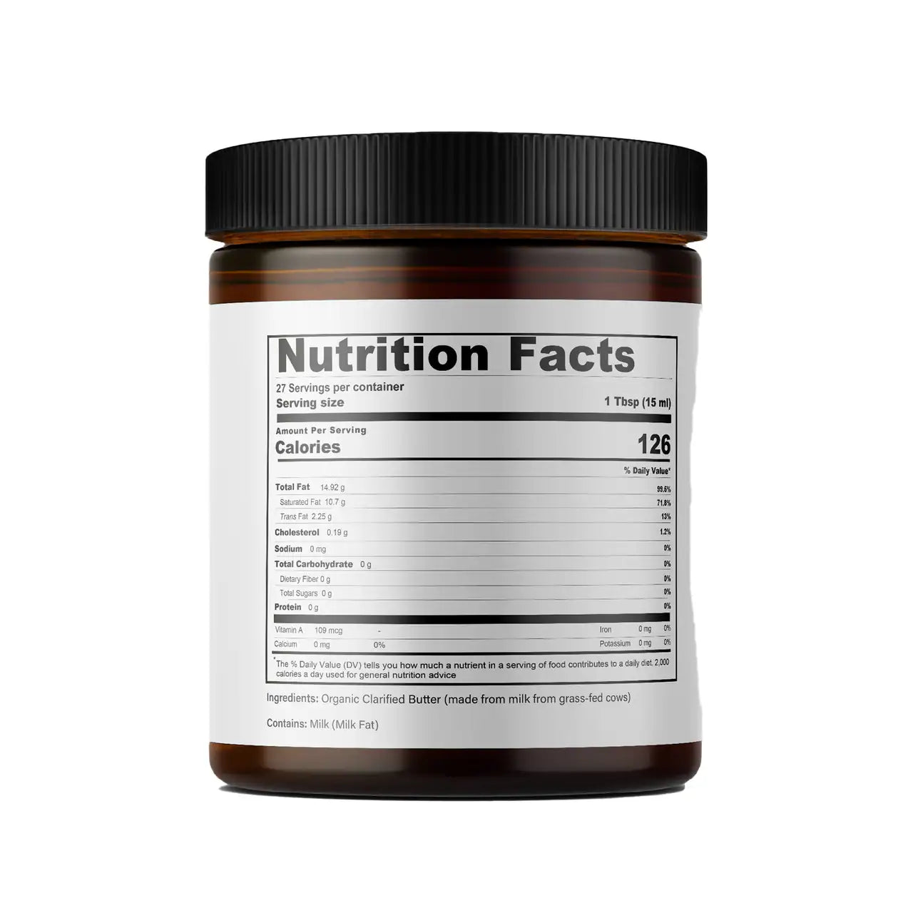 A jar of Kerala Ayurveda Organic Cultured Ghee, with a supplements facts label highlighting the ingredients of the product