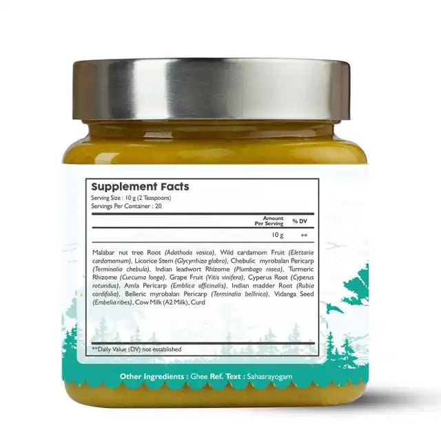 A jar of Kerala Ayurveda Panchagavya Ghee with a label depicting supplement facts