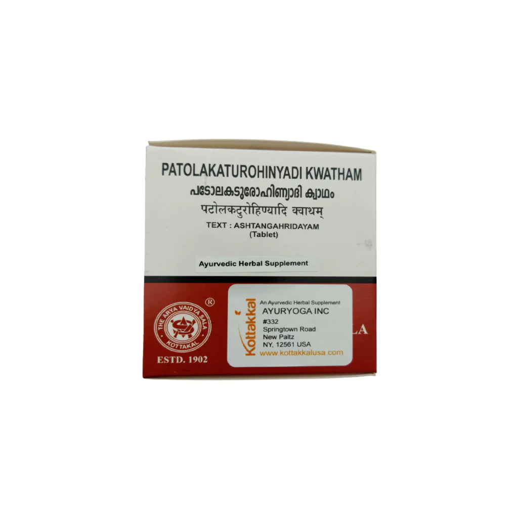 A box of KT Patolakaturohinyadi Kwatham with 100 tablets, Ayurvedic Herbal Supplement, in a red and white packaging.