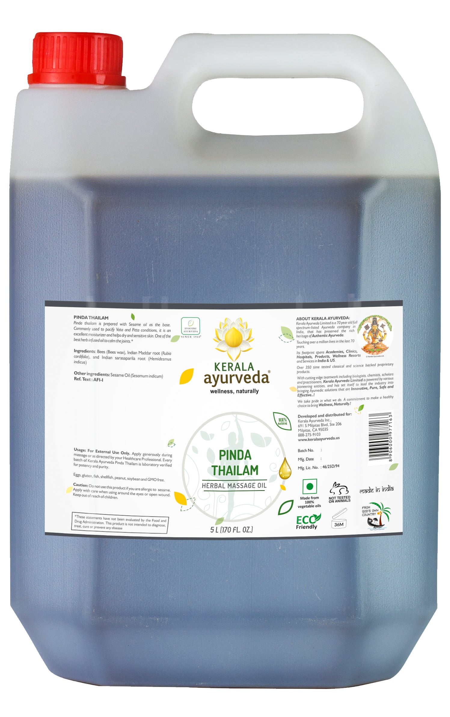 A 5 litre can of of pinda thailam labeled 'PHYTO-HYDRATION BODY OIL' along with the product name 'PINDA THAILAM'. 