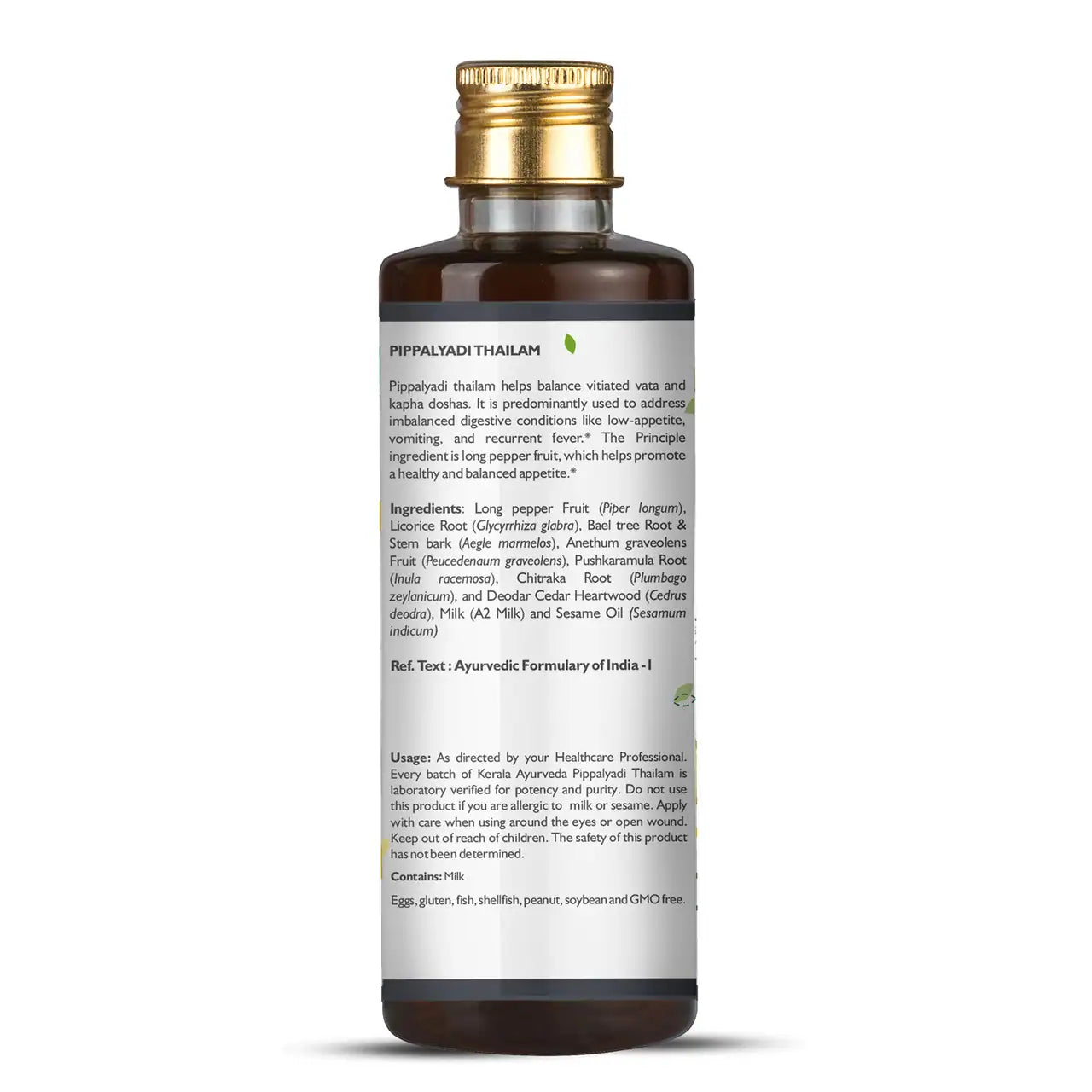 Ingredients lable of bottle of Kerala Ayurveda Pippalyadi Thailam, 6.8 fl oz / 200 ml
