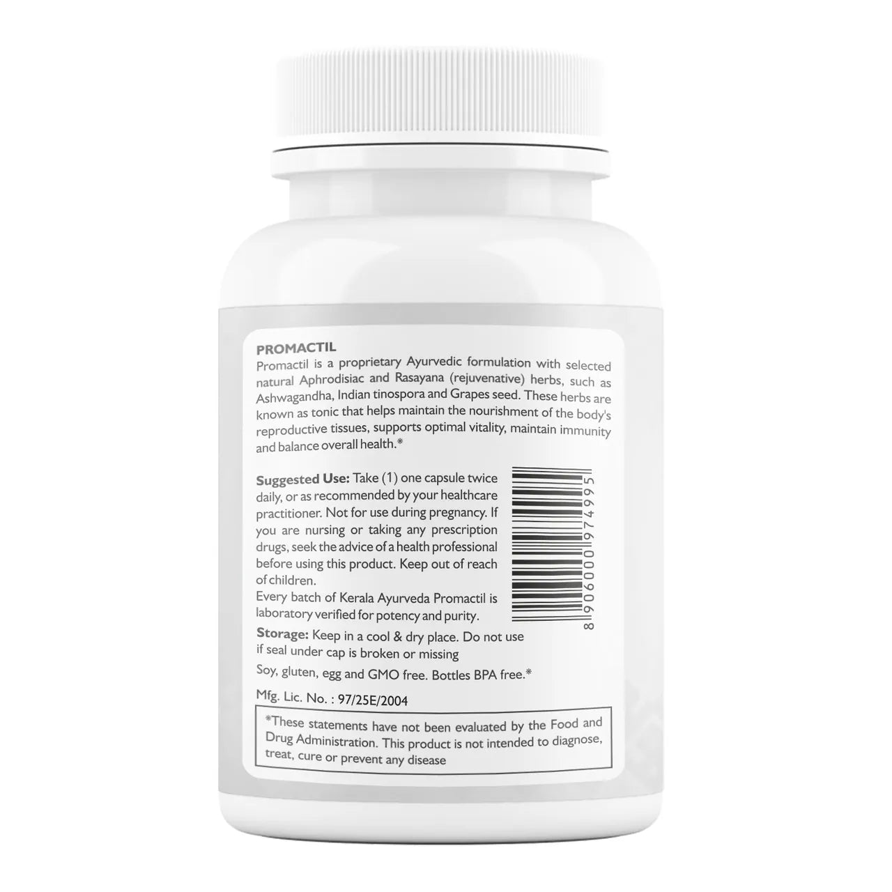 A back label view of a bottle of Promactil, 60 soft gel capsules, with branding and text indicating its use for reproductive health.