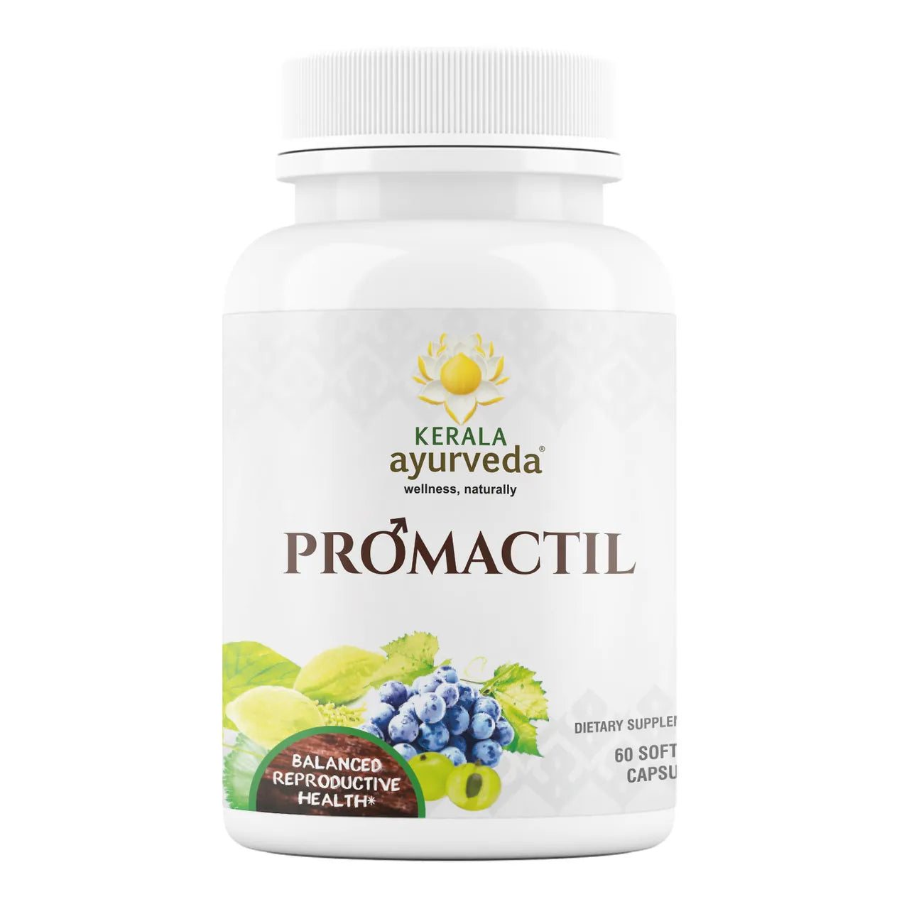 A bottle of Promactil, 60 soft gel capsules, with branding and text indicating its use for reproductive health.