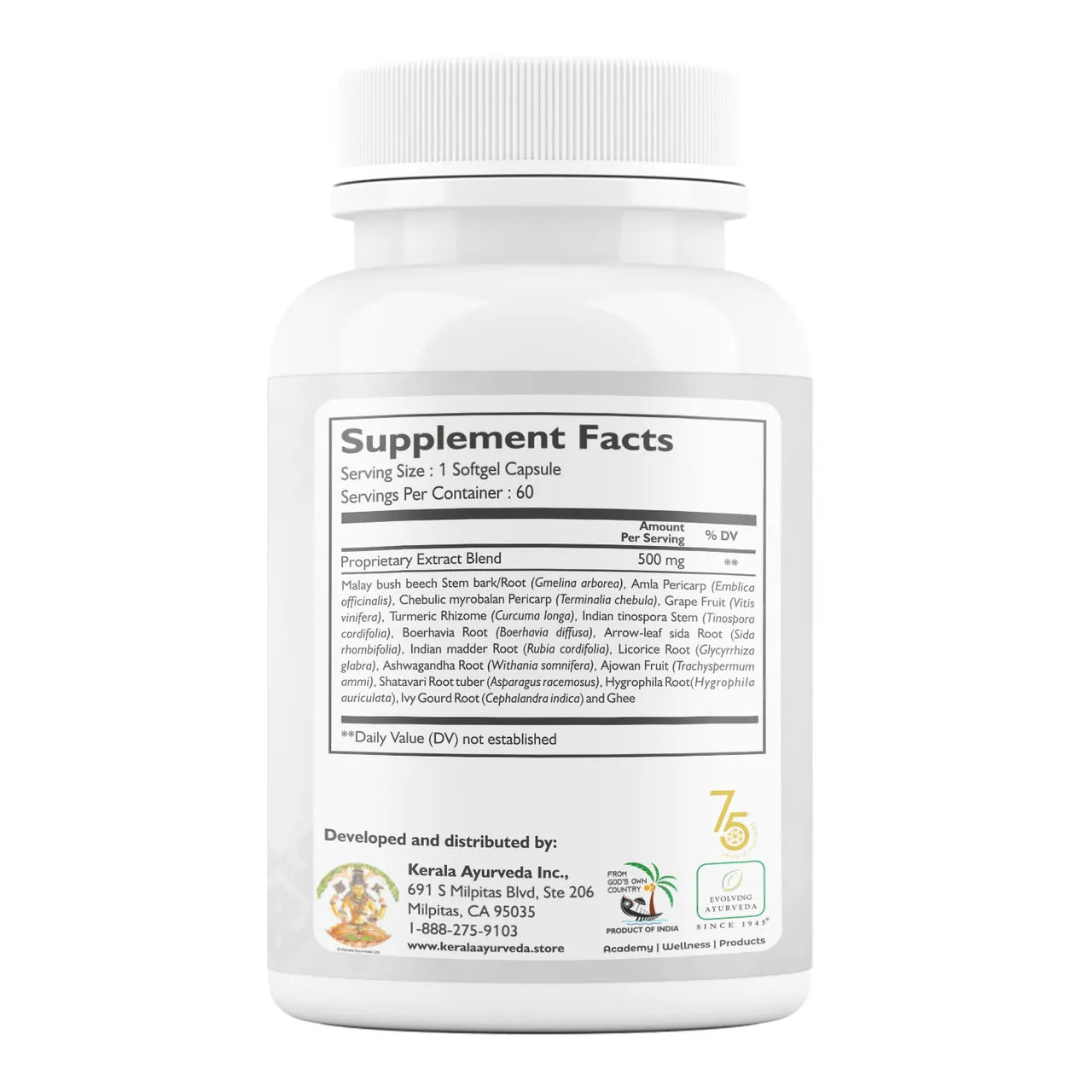 A supplement facts label view of a  bottle of Promactil, 60 soft gel capsules, with branding and text indicating its use for reproductive health.