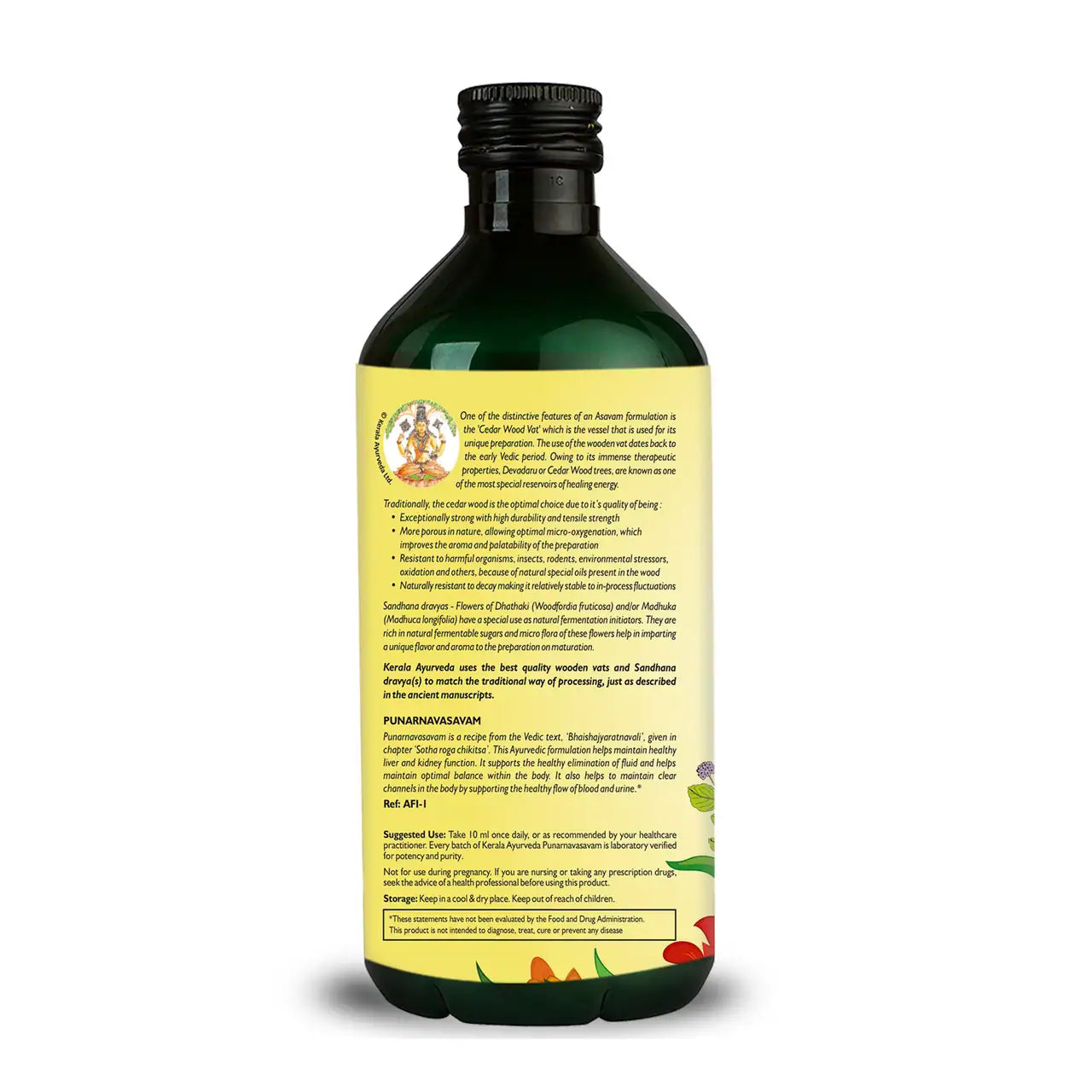 A bottle of detox tonic from Kerala Ayurveda called Punarnavasavam, a liquid herbal supplement. The label indicates the brand information.