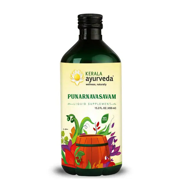 A bottle of detox tonic from Kerala Ayurveda called Punarnavasavam, a liquid herbal supplement. The label shows a colorful illustration of herbs and a Ayurvedic symbol.