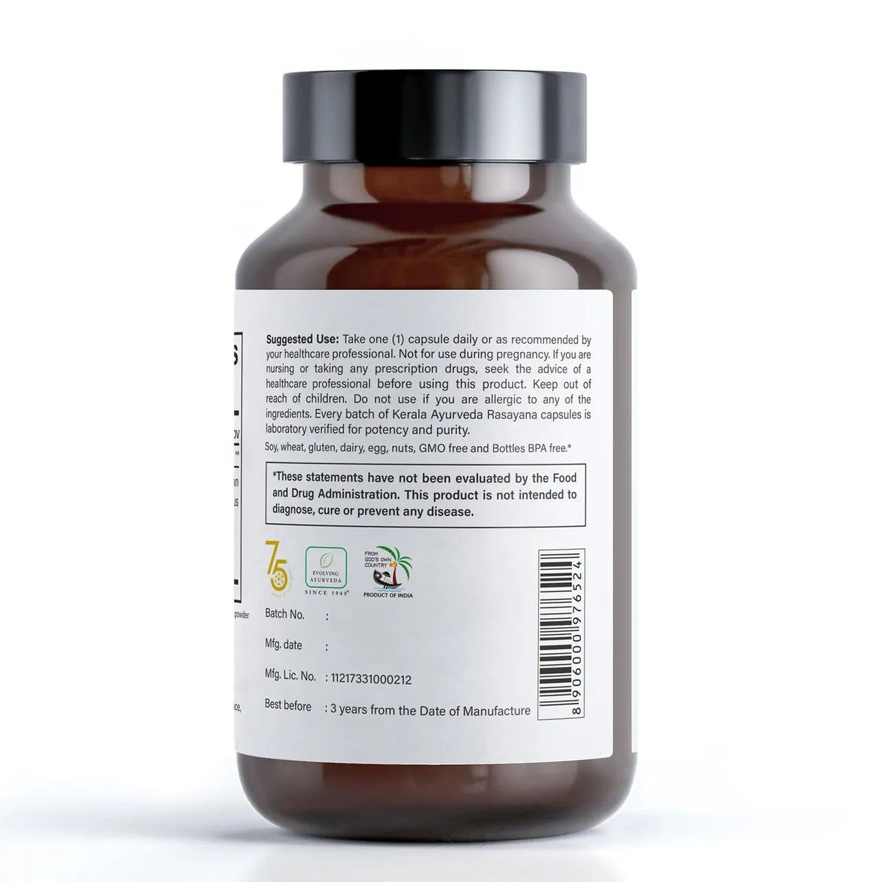 A bottle of Kerala Ayurveda Rasayana capsules with 60 vegetarian capsules, with back label indicating how to use the product