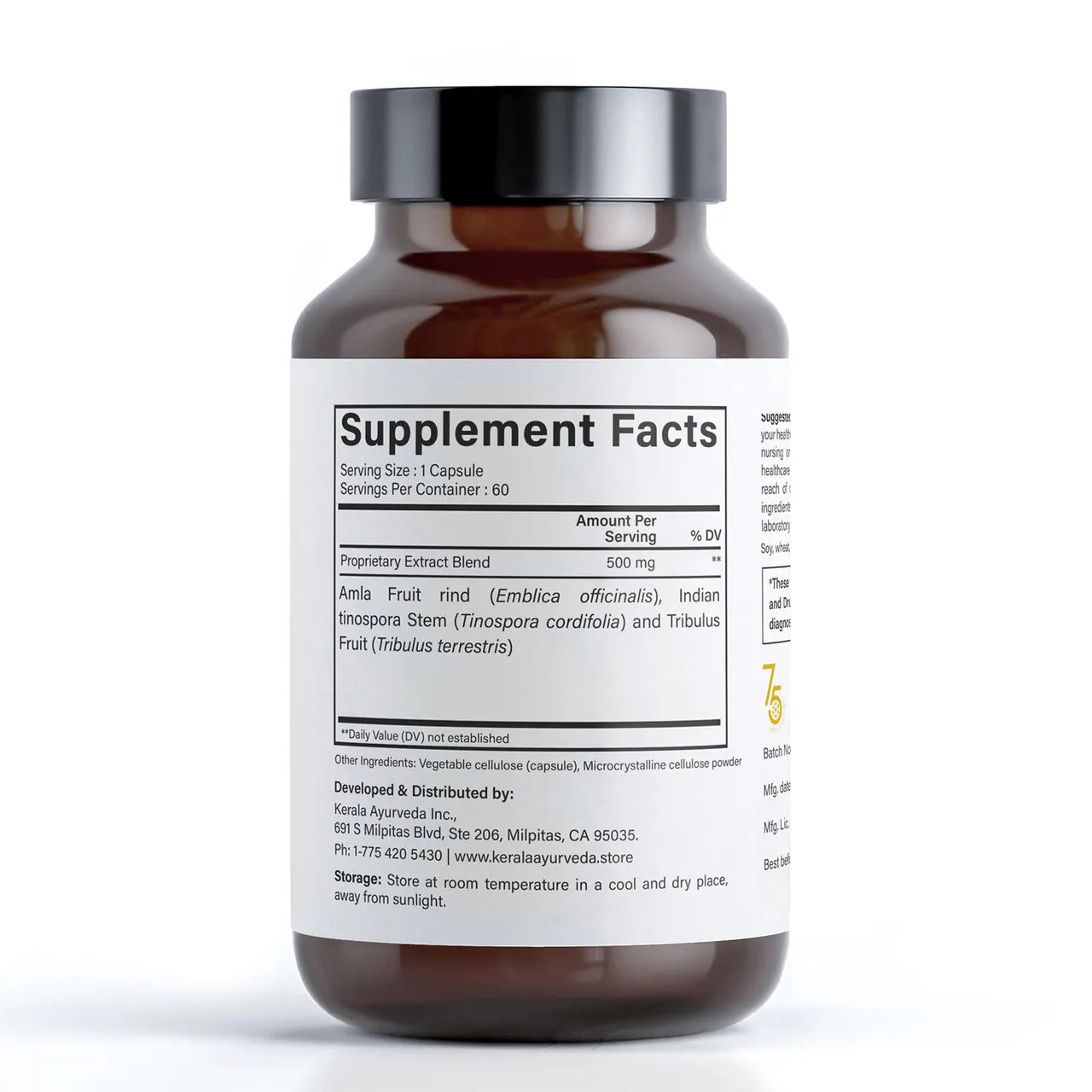 A bottle of Kerala Ayurveda Rasayana capsules with 60 vegetarian capsules, with ingredient label indicating supplement facts