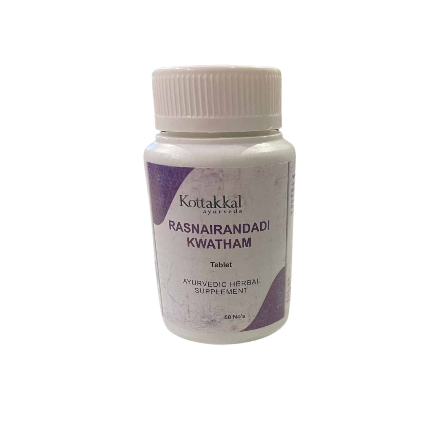 A bottle of KT Rasnairandadi Kwatham tablets by Kottakkal, containing 60 tablets, a ayurvedic herbal supplement