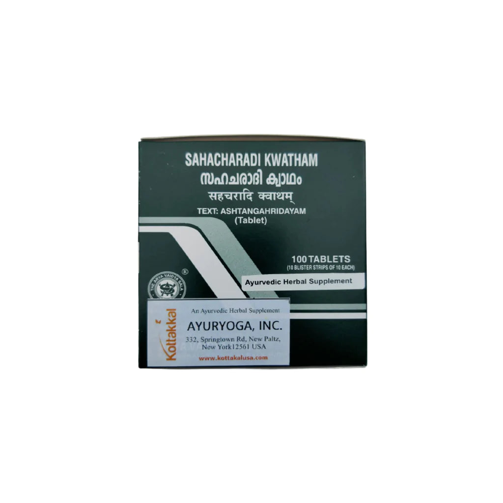 A box of KT Sahacharadi Kwatham,  herbal supplement tablets with 100 tablets inside. The packaging is predominantly green and white with text in a foreign language and a logo.