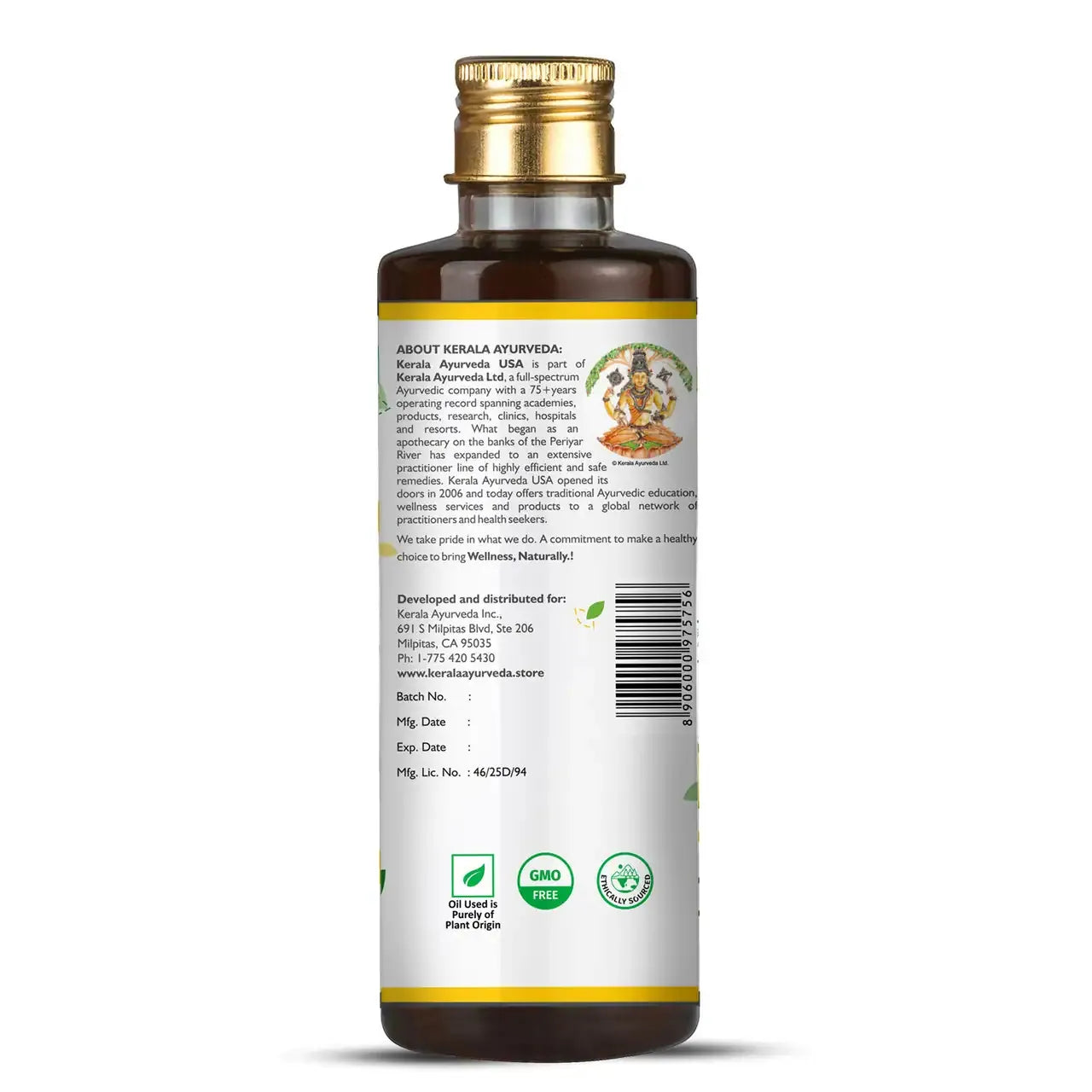 A back label view of a bottle of Sahacharadi Sevyam, an Ayurvedic cleansing oil, indicating brand details