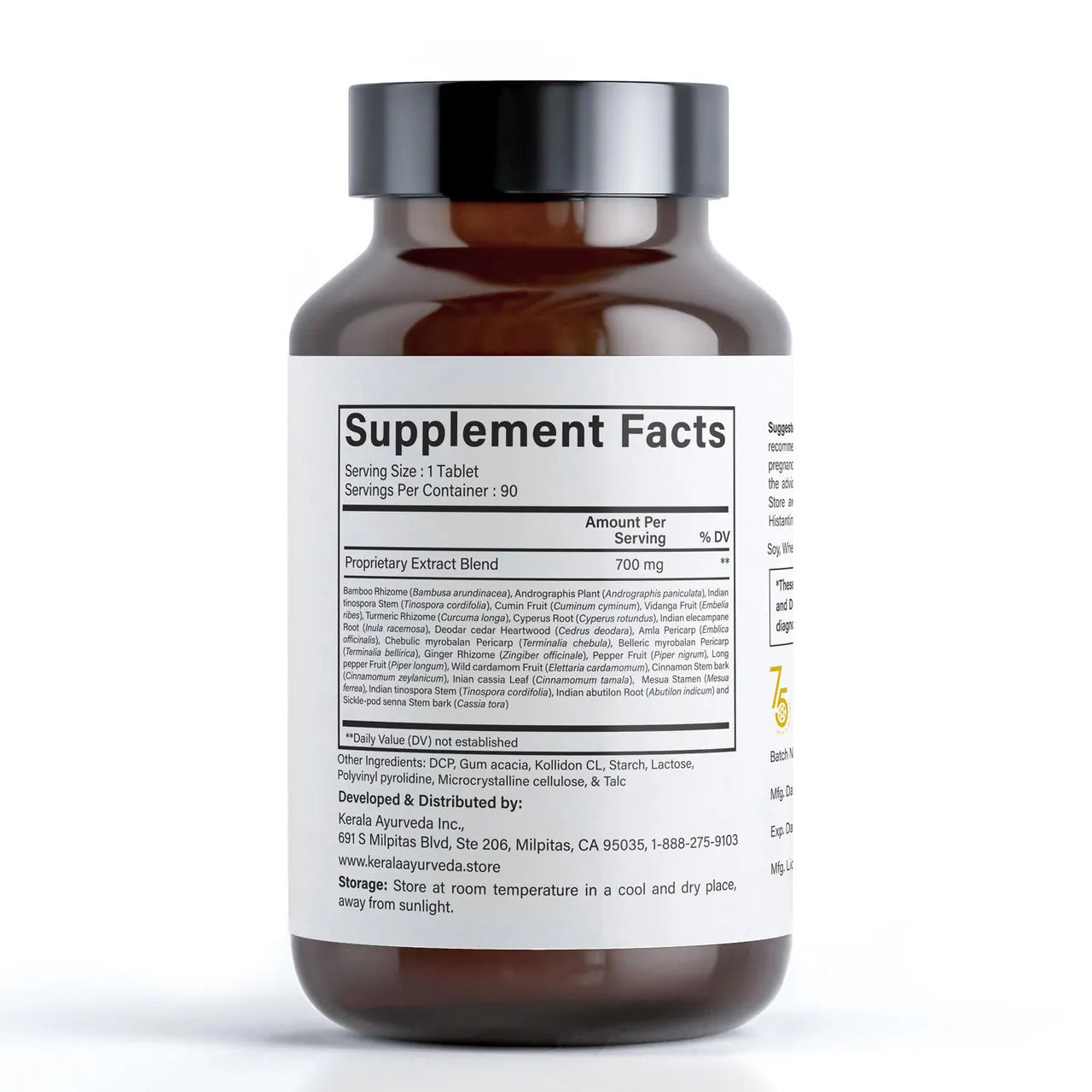 A bottle of Kerala Ayurveda, allergy medicine - Seasonal Relief, 90 tablets, dietary supplement with label showing supplement facts