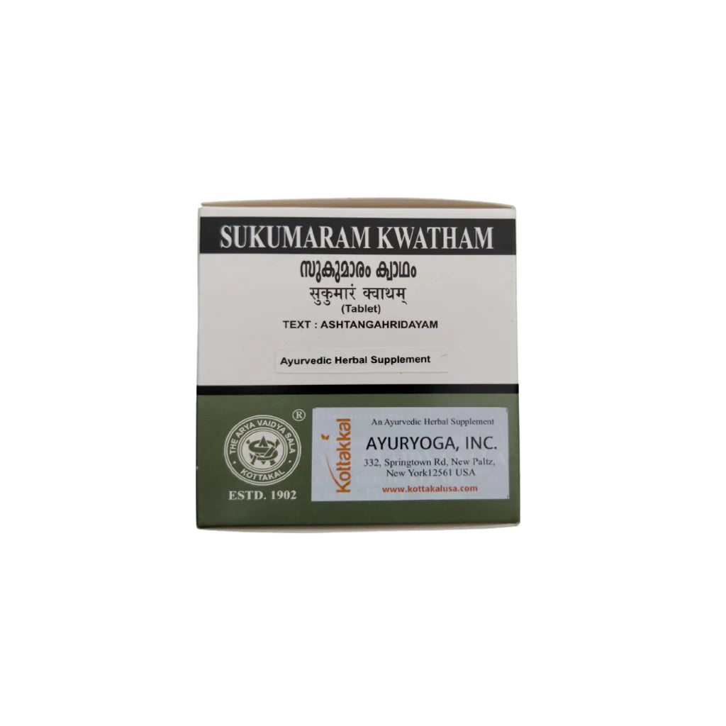 This is an image of the product packaging for KT Sukumaram Kwatham herbal supplement, which contains 100 tablets. The packaging is primarily green and white, with text in both Devanagari script and English.
