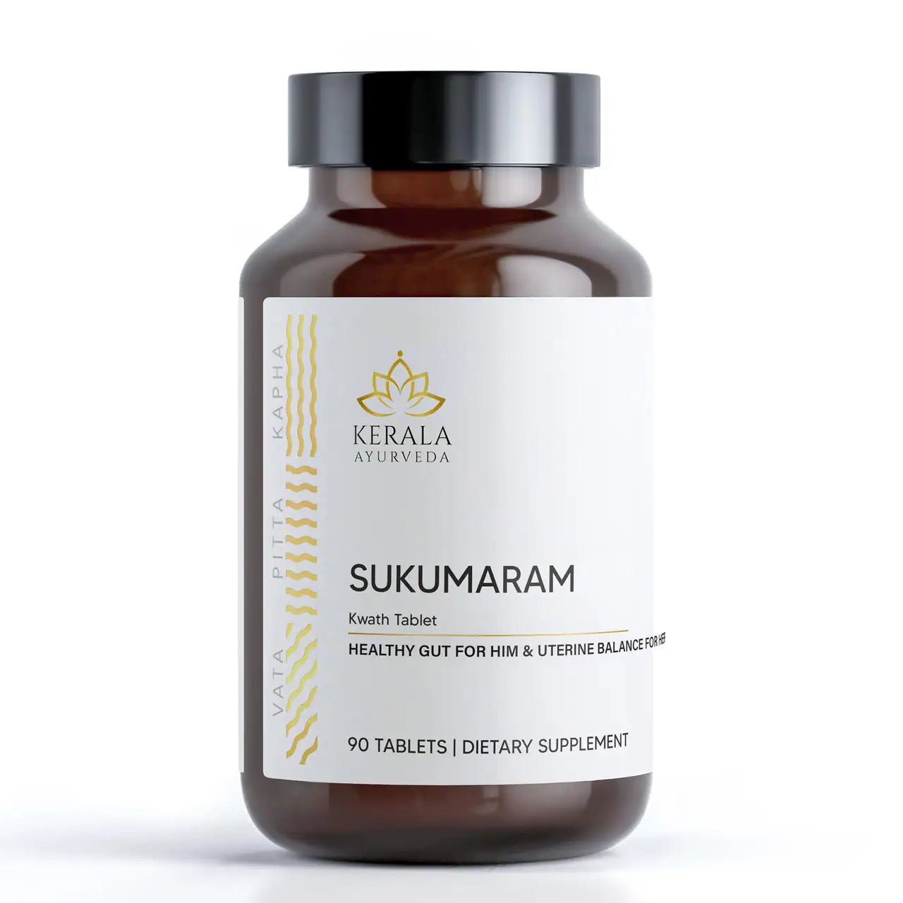 A font label of bottle of digestive supplement, Sukumaram Kwath tablets by Kerala Ayurveda with 90 tablets, labeled as a dietary supplement.