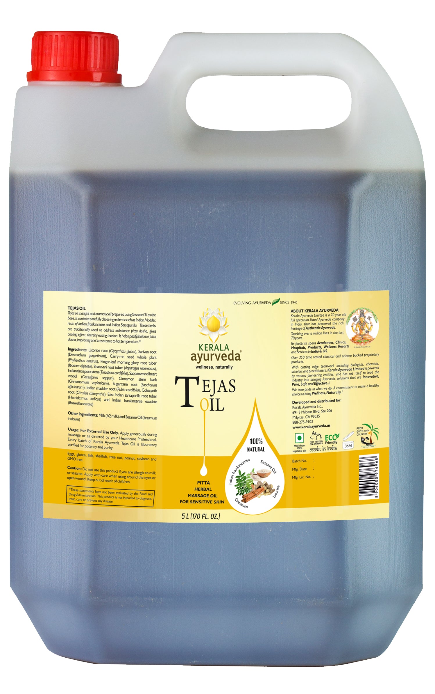 A 5 litre can of Pitta Massage Oil with a pump dispenser, labeled as Tejas oil - an ayurvedic massage oil