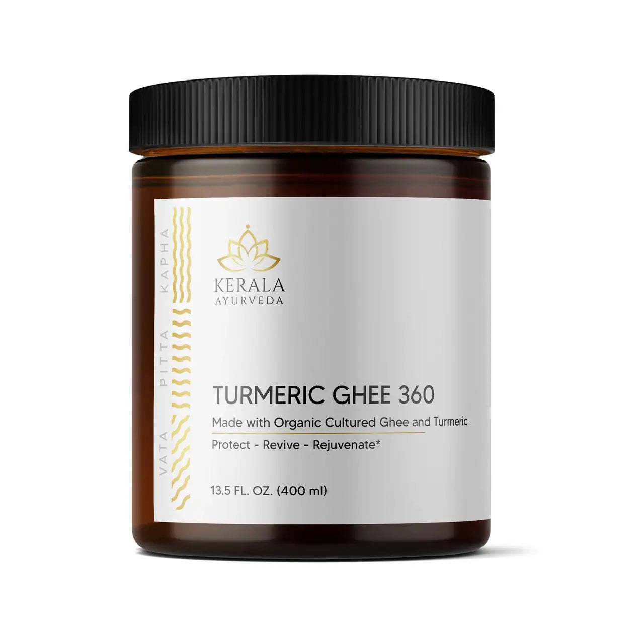 A jar of Kerala Ayurveda Turmeric Ghee 360 with a white background