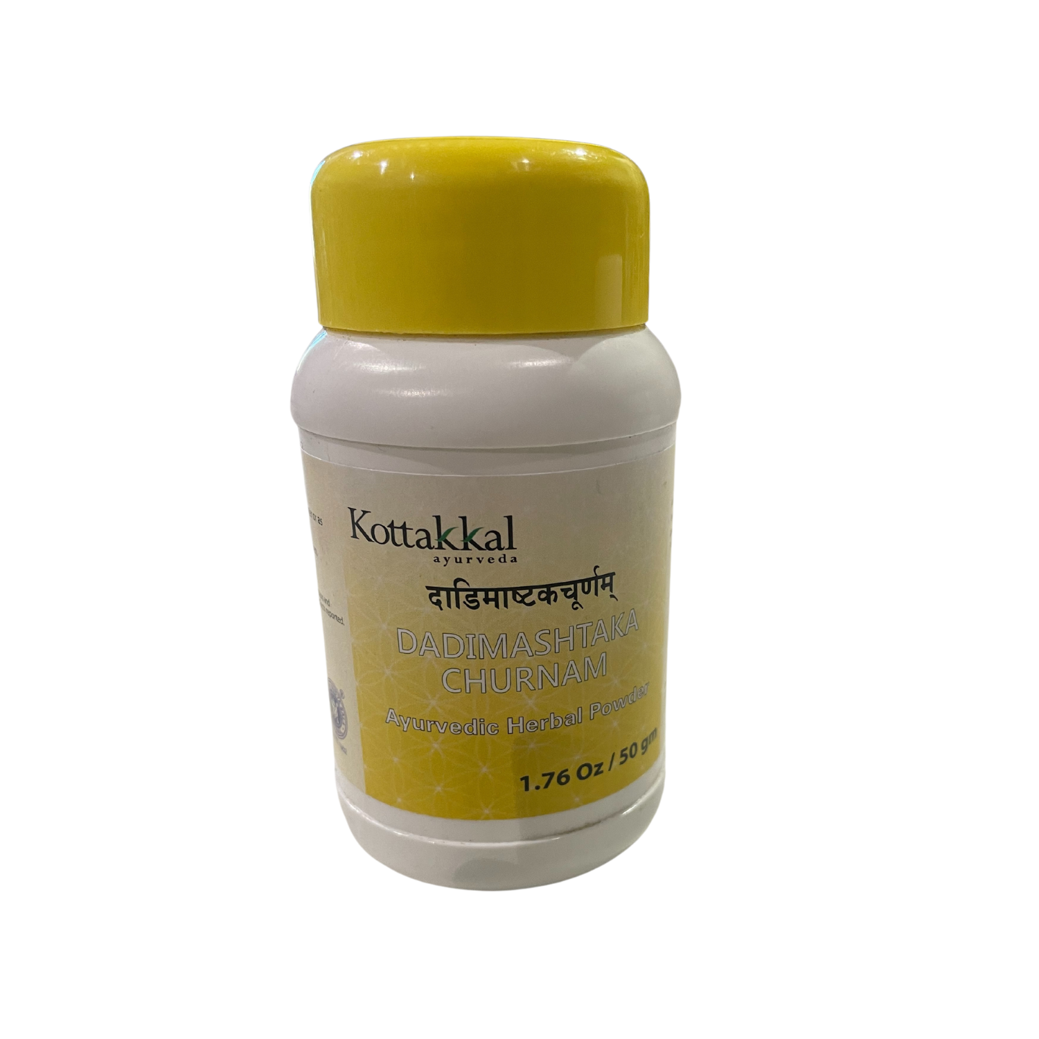 A bottle of KT Dadimashtaka Churnam a digestive health ,50 g by Kottakkal, with a yellow cap and label in Devanagari script.