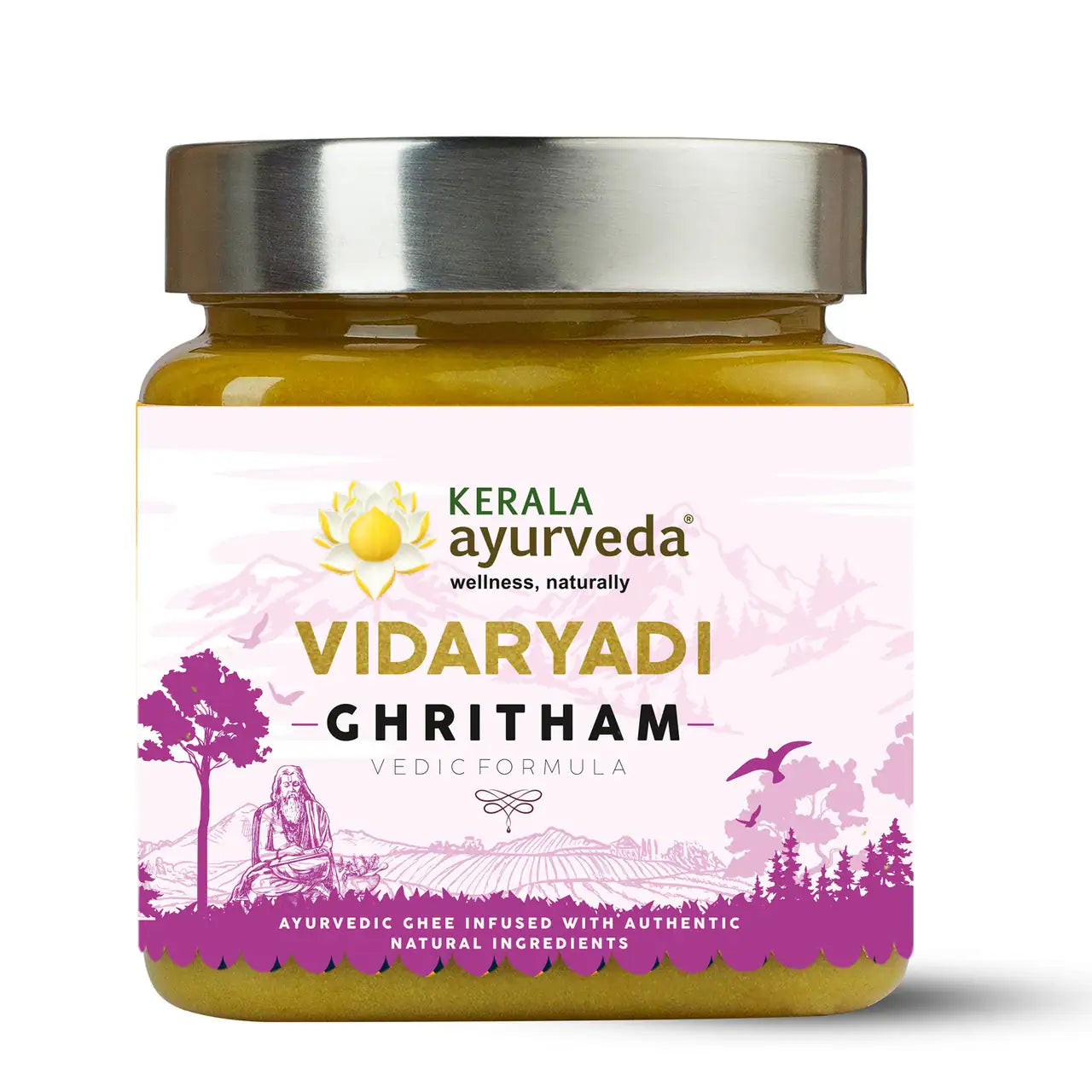 A jar of Kerala Ayurveda Vidaryadi Ghee (Ghritham) with a label depicting a figure in a traditional pose, herbs, and a modern design.