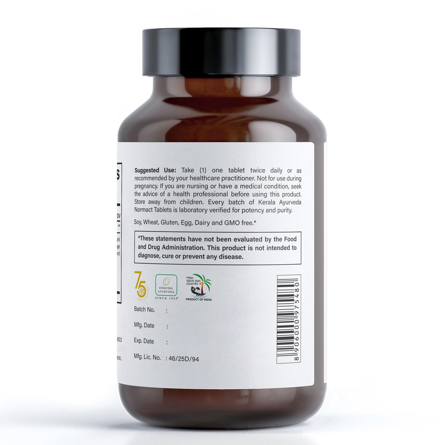 A bottle of Kerala Ayurveda Vital Flow, an ayurvedic oil which contains 90 tablets for dietary supplement, with a back label of how to use instruction