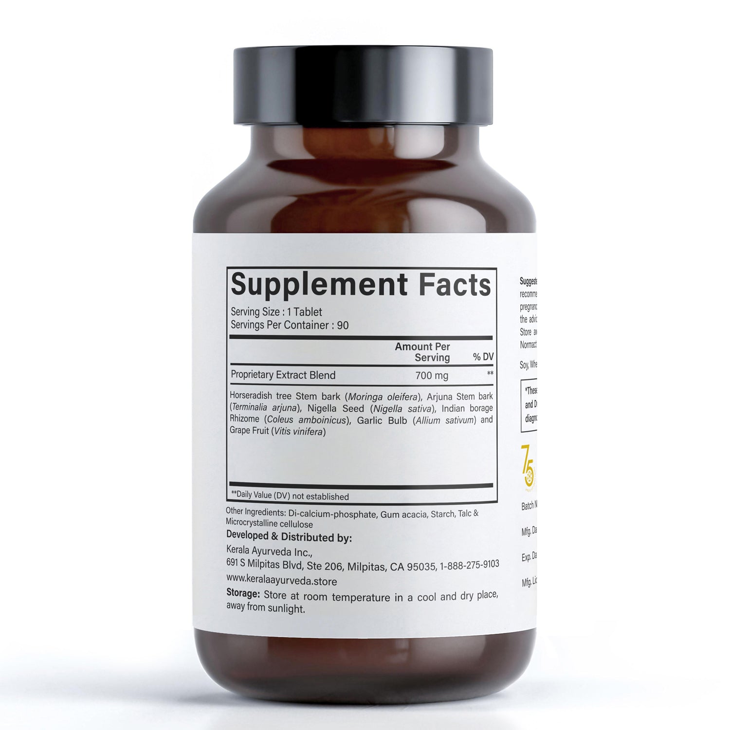 A bottle of Kerala Ayurveda Vital Flow, an ayurvedic oil which contains 90 tablets for dietary supplement, with a ingredients label of supplelment facts 
