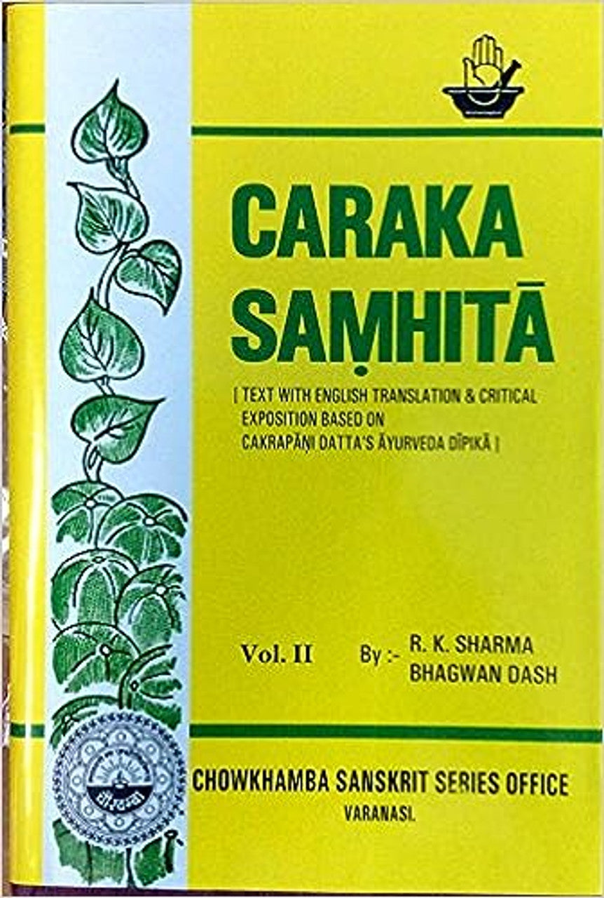 A set of ayurveda books titled 'Caraka Samhita' with yellow covers, arranged in a row.