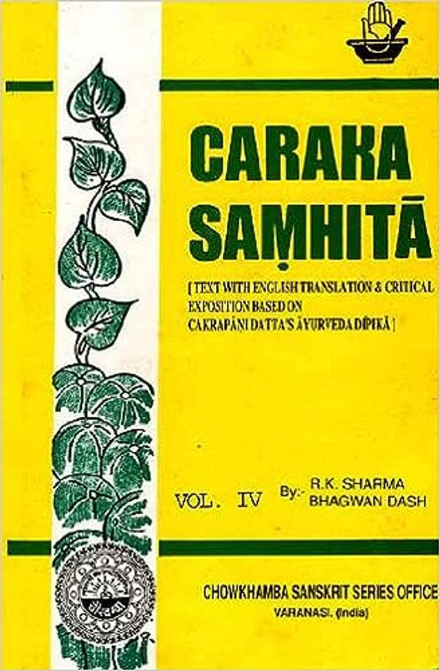 A set of ayurveda books titled 'Caraka Samhita' with yellow covers, arranged in a row.