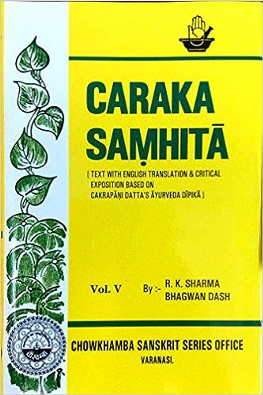 A set of ayurveda books titled 'Caraka Samhita' with yellow covers, arranged in a row.