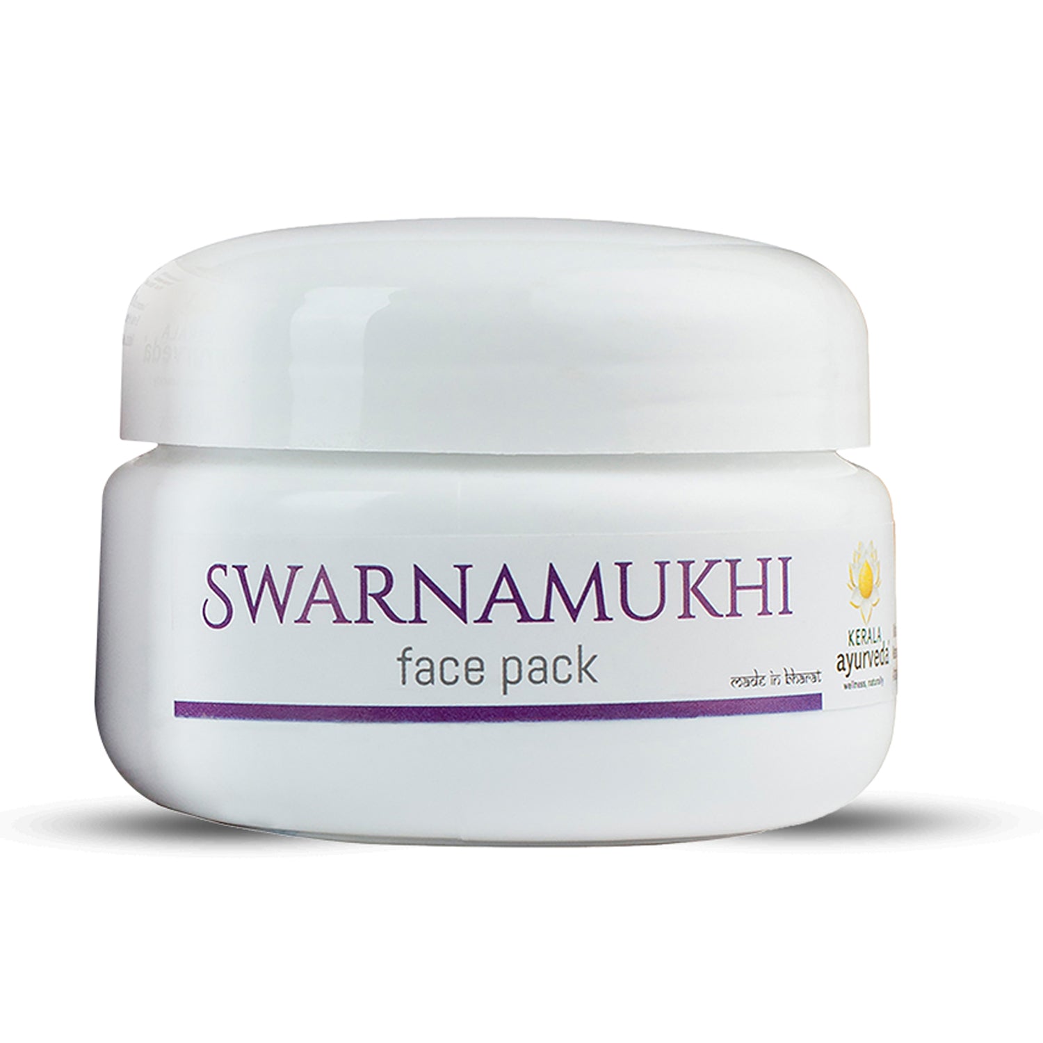 A front view of a jar of swarnamukhi face pack from kerala ayurveda. an herbal fack pack for skin care
